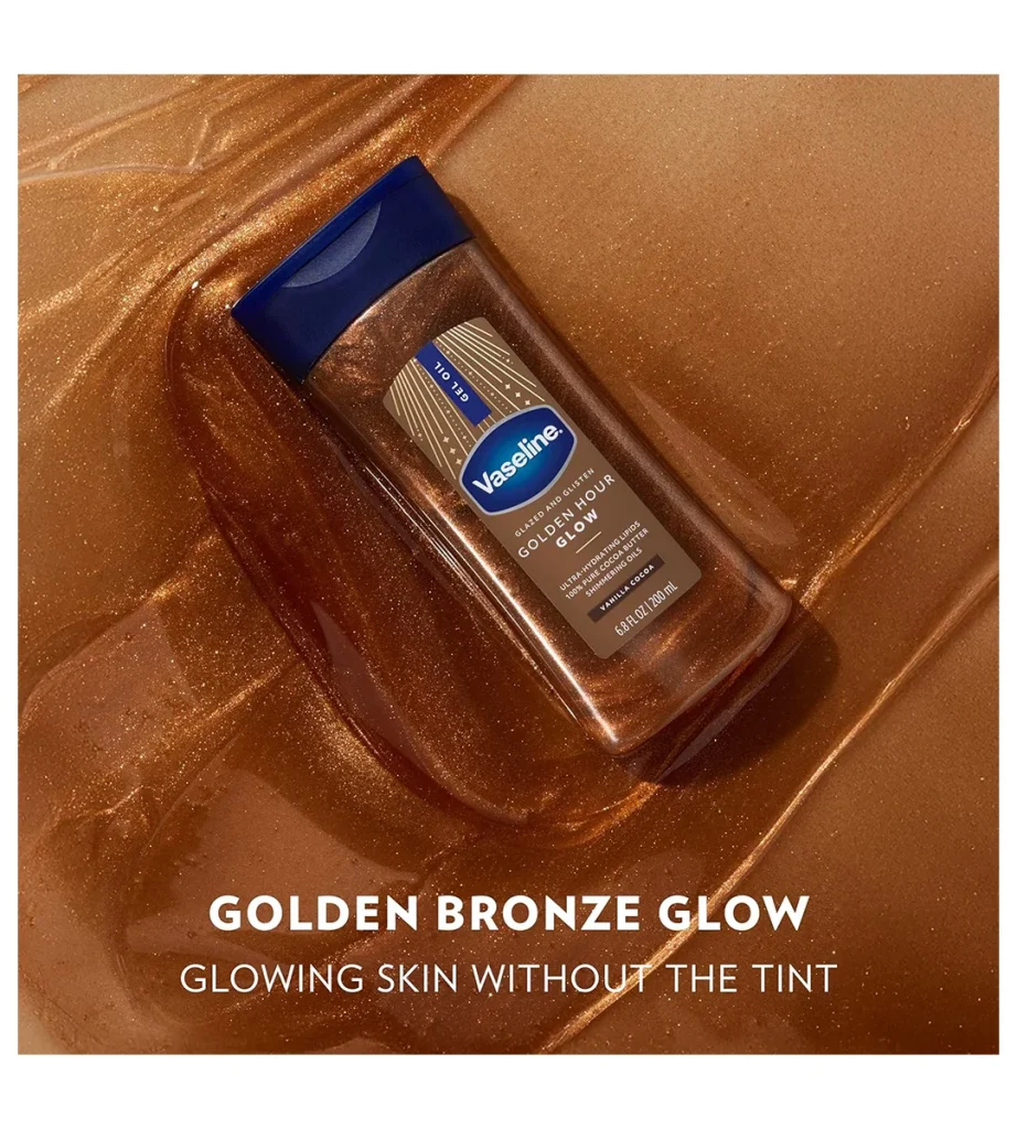 ژل روغنی براقکننده و درخشانکننده بدن وازلین Glazed & Glisten Golden Hour Glow Vanilla Cocoa