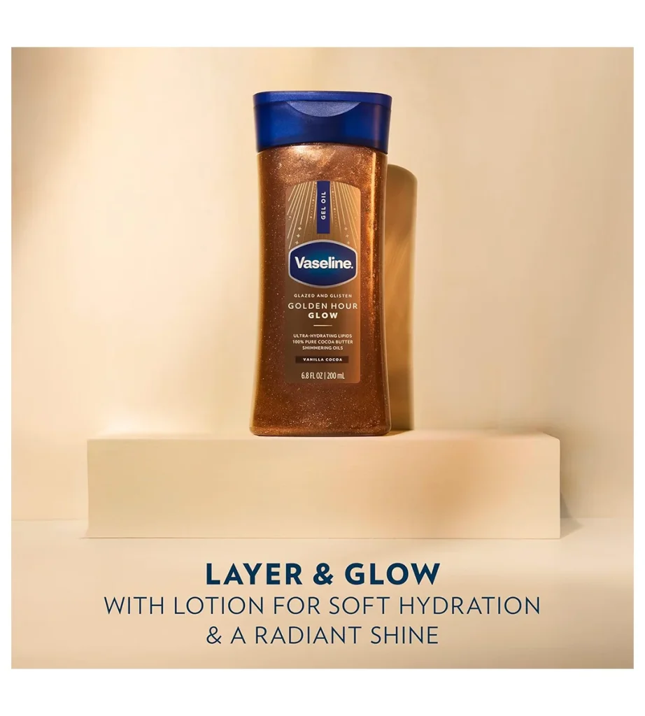 ژل روغنی براقکننده و درخشانکننده بدن وازلین Glazed & Glisten Golden Hour Glow Vanilla Cocoa